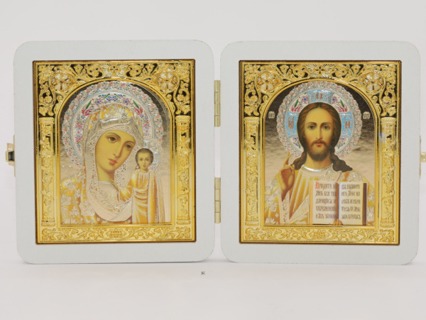 Складень (ERM) 10x12, БЕЛЫЙ золотая АРКА, Спаситель - Казанская (Академ, золото, цветы)