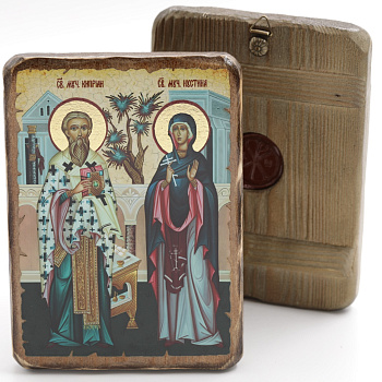 Икона 13x17 (ERM) деревянная под старину, Киприан и Иустина
