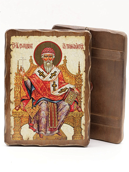 Икона 17x23 (ERM) деревянная под старину, Спиридон (на троне)