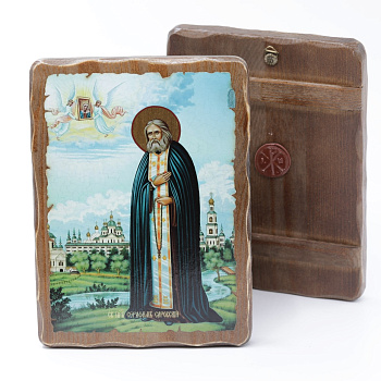 Икона 17x23 (ERM) деревянная под старину, Серафим Саровский (рост)