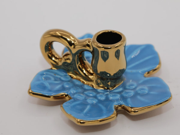 Подсвечник керамический малый, Виноградный лист (с ручкой), ГОЛУБОЙ (2)