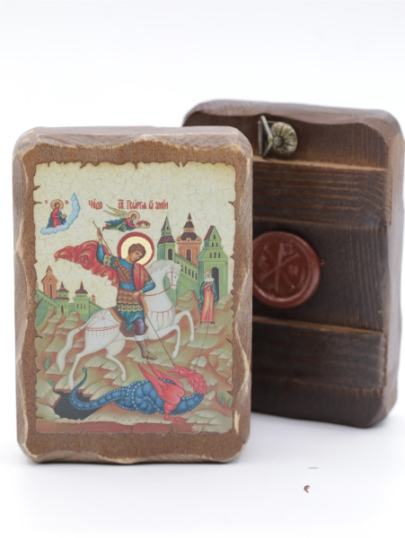 Икона 7х10 (ERM) деревянная под старину, Георгий Победоносец на коне