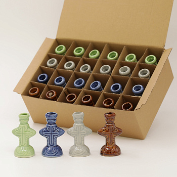 Подсвечник керамический, КРЕСТ 7см, набор из 24 шт (кор, зел, гол, син) (GZP-05)