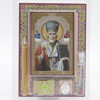 Набор освященный (икона, свеча, ладанка, крестик, масло), Николай Чудотворец