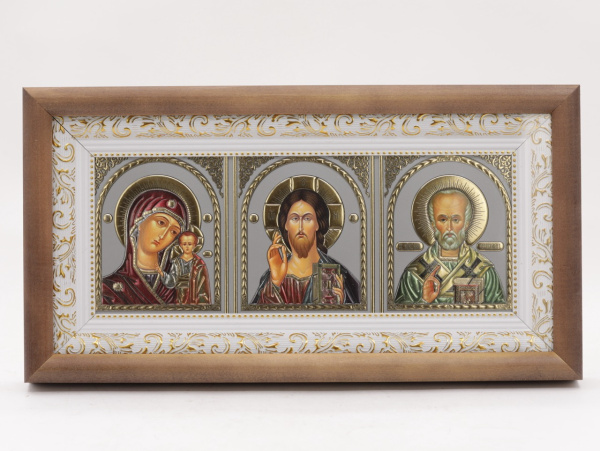 КИОТ под лик 30х12см (ERM) ТЕМНОЕ дерево, БЕЛЫЙ багет, триптих (визант серебро)
