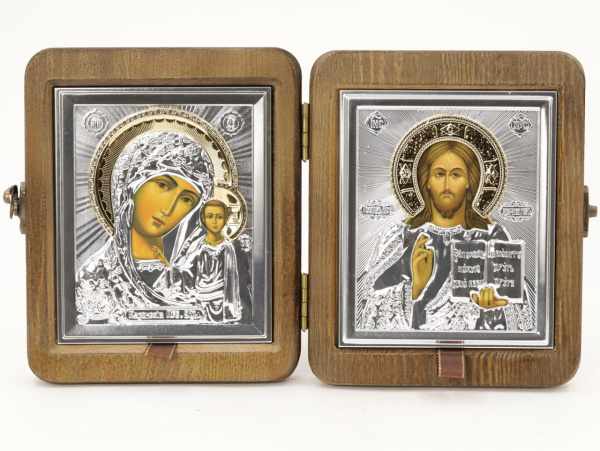 Складень (ERM) 11x13 деревянный, РИЗА золото, серебро, крест