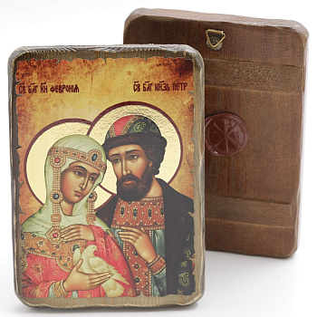 Икона 13х17 (ERM) деревянная под старину с ОБЖИГОМ, Петр и Феврония (поясн)