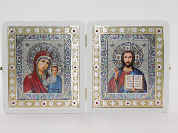 Складень (ERM) 15x18 БЕЛЫЙ вставка металл со стразами, Спаситель - Казанская №1