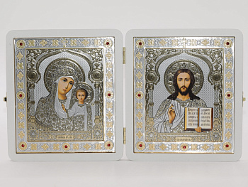 Складень (ERM) 15x18 БЕЛЫЙ вставка металл со стразами, Спаситель - Казанская №7