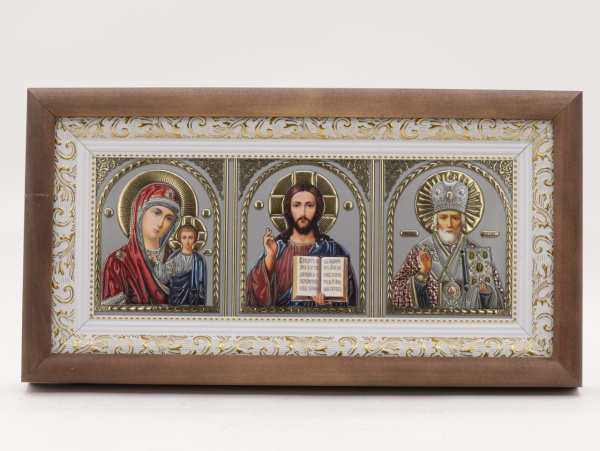 КИОТ под лик 30х12см (ERM) ТЕМНОЕ дерево, БЕЛЫЙ багет, триптих (академ серебро)