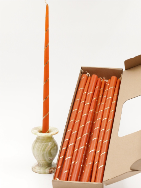 Свечи золоченые конусные №55, СПИРАЛЬ (Золото), ОРАНЖЕВЫЕ (24шт)