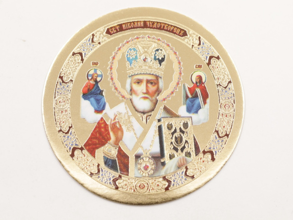 Икона круг D5см, Николай Чудотворец в митре (красн)