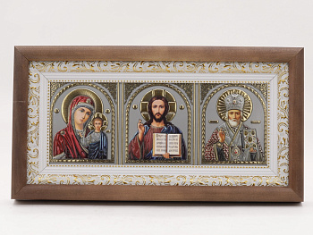 КИОТ под лик 30х12см (ERM) ТЕМНОЕ дерево, БЕЛЫЙ багет, триптих (академ серебро)